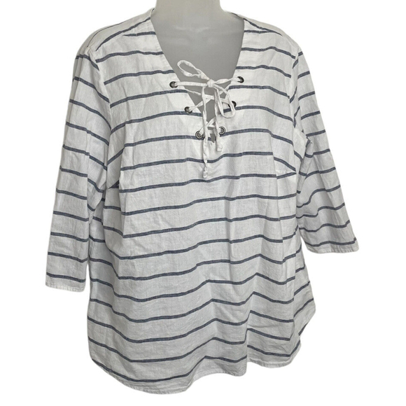Sunday Women Linen Top Size 1X Blue White Stripes Lace Up 3/4 Sleeves Coastal - Picture 1 of 8